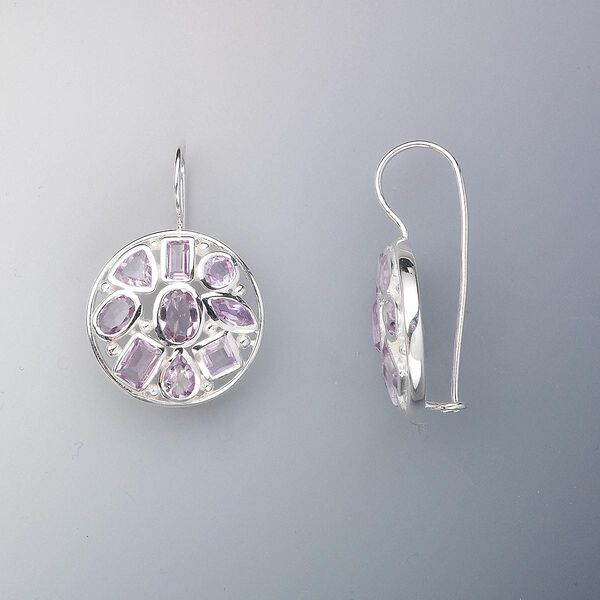 Earring, sterling silver and amethyst (natural), 4mm round, 5mm triangle, 5x2mm and 6x3mm rectangles, 6x3mm marquise, 4mm square, 6x4mm teardrop, 7x5mm and 5x3mm oval, 32x23mm. Sold per pair. image number 0
