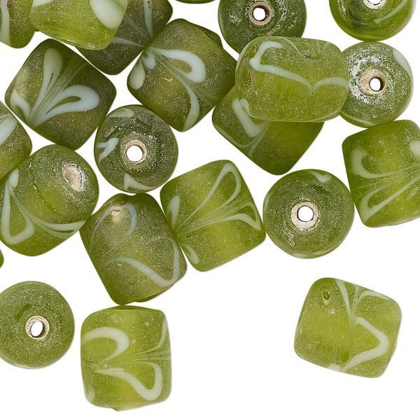 Bead, lampworked glass, translucent yellow-green and white, 11x9mm round tube with swirl design. Sold per 2-ounce pkg, approximately 40 beads. image number 0