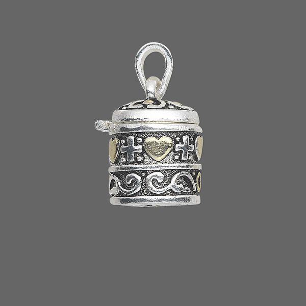 Drop, antique silver- and gold-finished "pewter" (zinc-based alloy), 21x18mm cylinder prayer box with assorted design and magnetic closure. Sold individually. image number 0