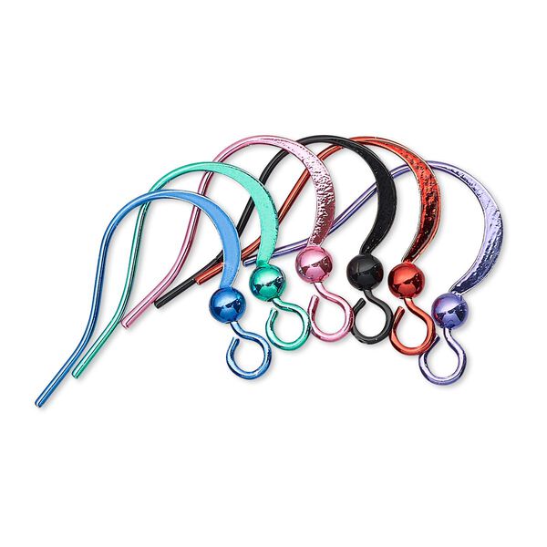 Ear wire, electro-coated brass, assorted colors, 19mm flat fishhook with 3mm ball and open loop, 21 gauge. Sold per pkg of 6 pairs. image number 0