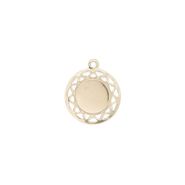 Drop, 14Kt gold-filled, 13mm single-sided round with patterned border and 8mm round setting. Sold individually. image number 0