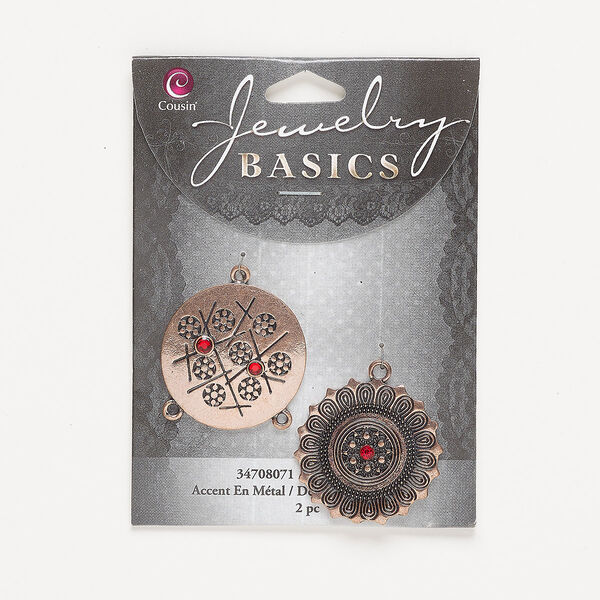 Focal, antique copper-finished "pewter" (zinc-based alloy) and glass, red, 29mm single-sided beaded round with lines design and 30mm single-sided flower with rose and swirl design and 3 loops. Sold per pkg of 2. image number 0
