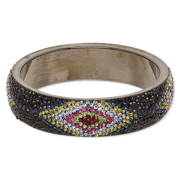 Bracelet, bangle, epoxy / Preciosa glass rhinestone / gunmetal-plated brass, multicolored, 20mm wide with diamond design, 8 inches. Sold individually. image number 0