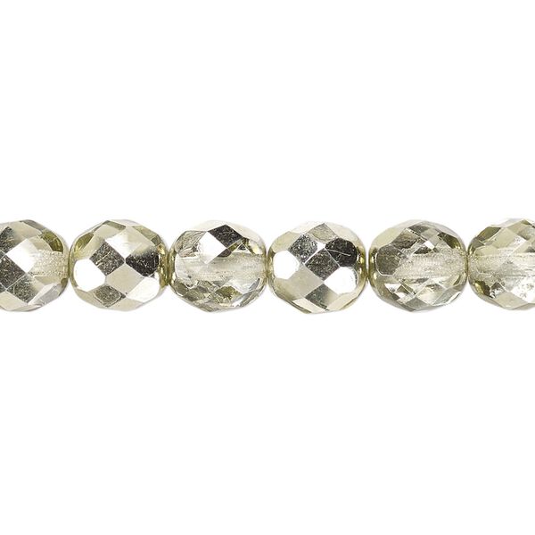 Bead, Czech fire-polished glass, clear with half-coat metallic mint, 8mm faceted round. Sold per 16-inch strand. image number 0