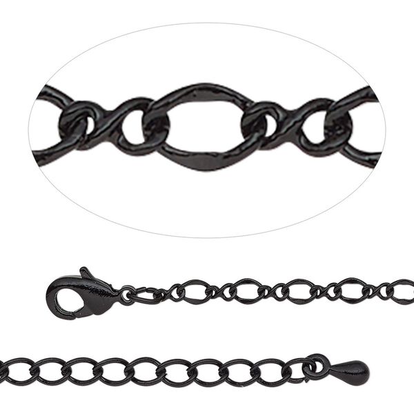 Chain, black-finished steel and brass, 2.7mm figure 8, 18 inches with 2-inch extender chain and lobster claw clasp. Sold individually. image number 0