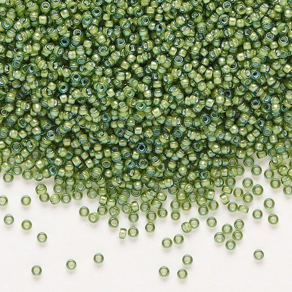 Seed bead, Miyuki, glass, pkg/35g, #15 rocaille, translucent white-lined luster light green, (RR-3764). image number 0