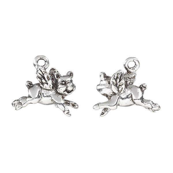 Charm, antique silver-plated pewter (tin-based alloy), 17x12mm 3D flying pig. Sold per pkg of 2. image number 0