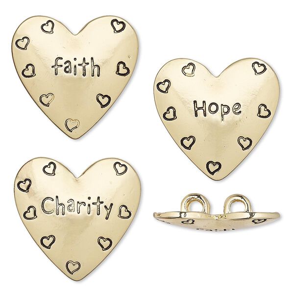 Spacer, gold-finished "pewter" (zinc-based alloy), 25x24mm 2-strand affirmation heart with heart / "Charity" / "faith" / "Hope" designs and hidden loops, fits up to 6mm bead. Sold per 3-piece set. image number 0