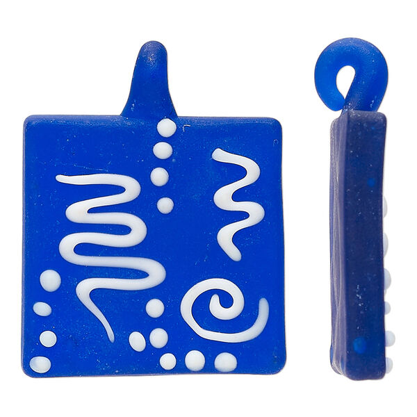 Focal, lampworked glass, frosted translucent cobalt blue and opaque white, 27-28mm flat square with line and dot design. Sold individually. image number 0