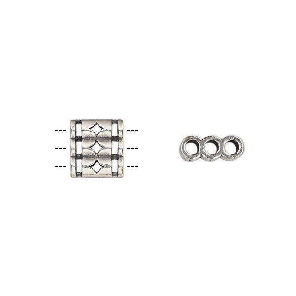 Spacer, antique silver-plated brass, 9.5x8.5mm double-sided 3-strand triple round tube with diamond cutout design, fits up to 2mm bead. Sold individually. image number 0