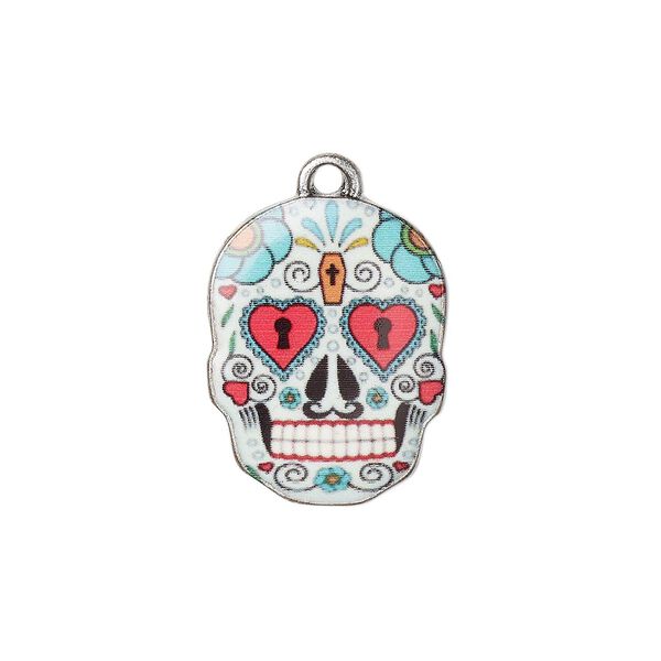 Charm, resin and antique silver-plated "pewter" (zinc-based alloy), multicolored, 19x14.5mm single-sided Dia de los Muertos skull with heart and coffin design. Sold individually. image number 0