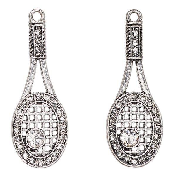 Focal, antique silver-finished "pewter" (zinc-based alloy) and glass, clear, 37x14mm tennis racket. Sold per pkg of 2. image number 0