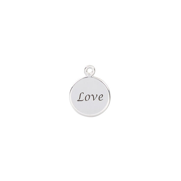 Drop, enamel and sterling silver, black, 10mm single-sided round with "Love." Sold individually. image number 0