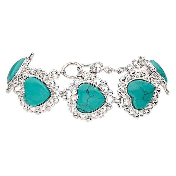 Magnesite / brass / steel 1pkg1, silver-plated heart bracelet / toggle clasp 6-6.5 inch / 22mm wide / 23x22mm image number 0