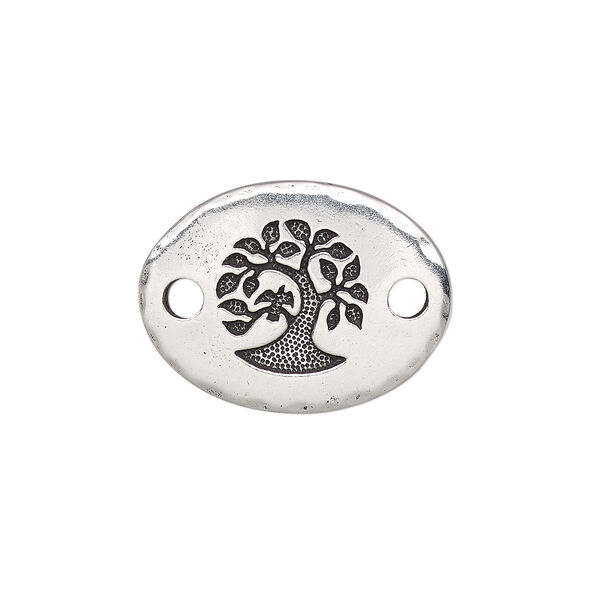 Link, TierraCast®, antique silver-plated pewter (tin-based alloy), 20x15mm single-sided hammered curved oval with bird in tree design. Sold per pkg of 2. image number 0