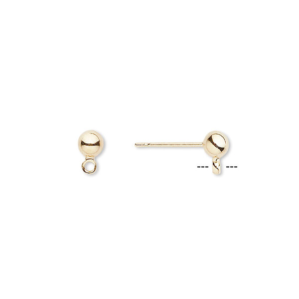 Earstud, gold-finished brass and stainless steel, 4mm ball with closed loop. Sold per pkg of 50 pairs. image number 0