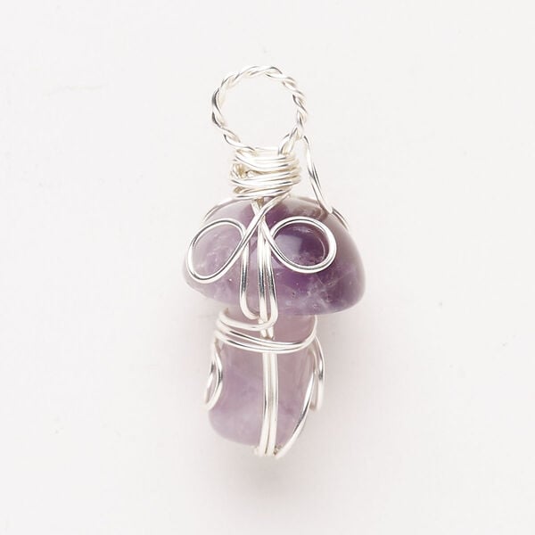 Focal, copper and amethyst (natural), light to medium, pkg/1, 34x15mm-34x16mm wire-wrapped mushroom, silver finish. image number 0