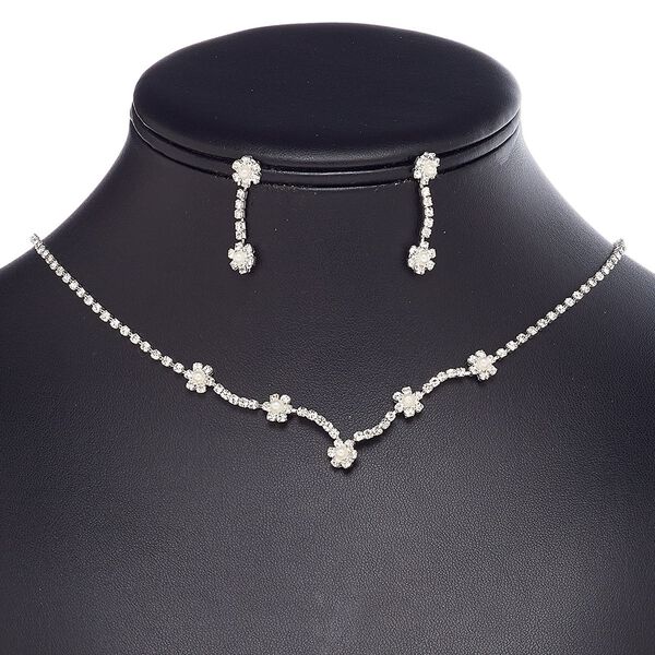 Necklace and earring set, glass rhinestone / plastic / glass pearl / imitation rhodium-plated brass / steel, clear and white, cupchain and 7x7mm flower, 15" to 16" necklace with 3-inch extender chain and lobster claw clasp, 28mm earrings with post. Sold per set. image number 0