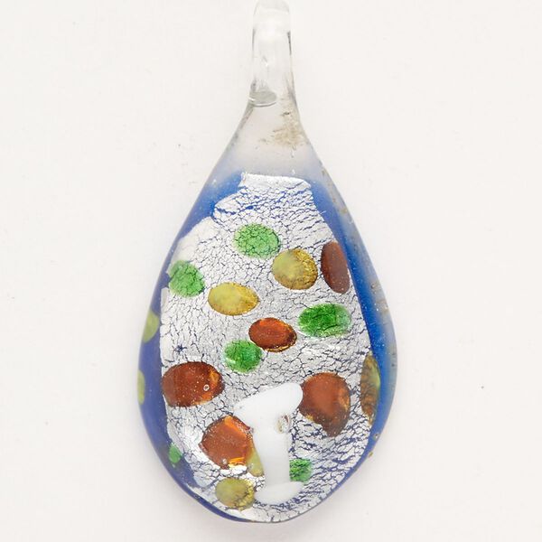 Focal, lampworked glass, opaque cobalt blue / white / clear with silver-colored foil, 44x24mm-45x25mm teardrop with dots. Sold individually. image number 0