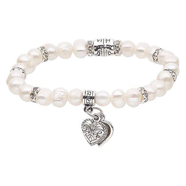 Bracelet, stretch, cultured freshwater pearl (bleached) / glass rhinestone / silver- / antique silver-plated steel / "pewter" (zinc-based alloy), white and clear, 7mm wide with 10x10mm heart, 6-1/2 inches. Sold individually. image number 0