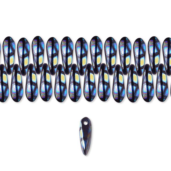 Bead, Czech pressed glass, opaque black and metallic rainbow, 10x3mm top-drilled dagger with dots. Sold per 15-1/2" to 16" strand, approximately 190-200 beads. image number 0