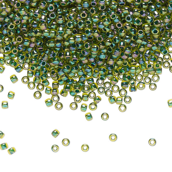 Seed bead, TOHO BEADS®, glass, pkg/7.5g, #11 round, translucent rainbow forest green-lined jonquil (TR-11-1829). image number 0