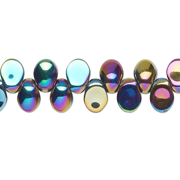 Bead, pressed glass, opaque iris multicolored, 8 x 6mm concave-back teardrop, top-drilled. Sold per 8-inch strand, approximately 55 beads. image number 0