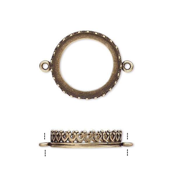 Link, JBB Findings, antiqued brass, 17.5mm round with open back and decorative trim, 16mm round bezel setting. Sold per pkg of 2. image number 0
