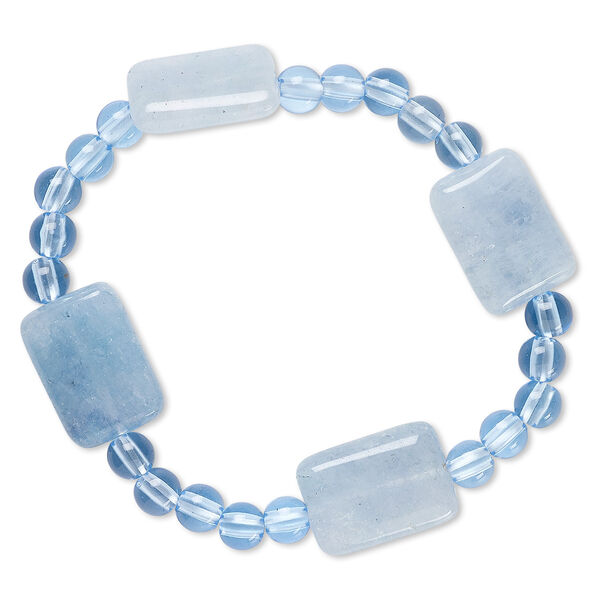 Bracelet, stretch, quartz (dyed) and acrylic, blue, 5mm round and 18x13mm flat rectangle, 6-1/2 inches. Sold individually. image number 0