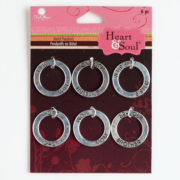 Charm, antique silver-finished "pewter" (zinc-based alloy), 22mm double-sided affirmation open round with "WIFE" / "HUSBAND" / "SISTER" / "BROTHER" / "DAD" / "MOM." Sold per pkg of 6. image number 0