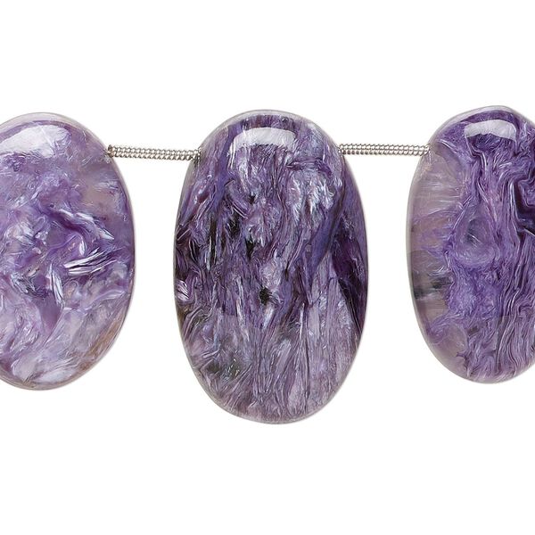 Charoite 1pkg3, hand-cut top-drilled flat back puffed oval bead natural graduated 27x16mm-34x20mm image number 0