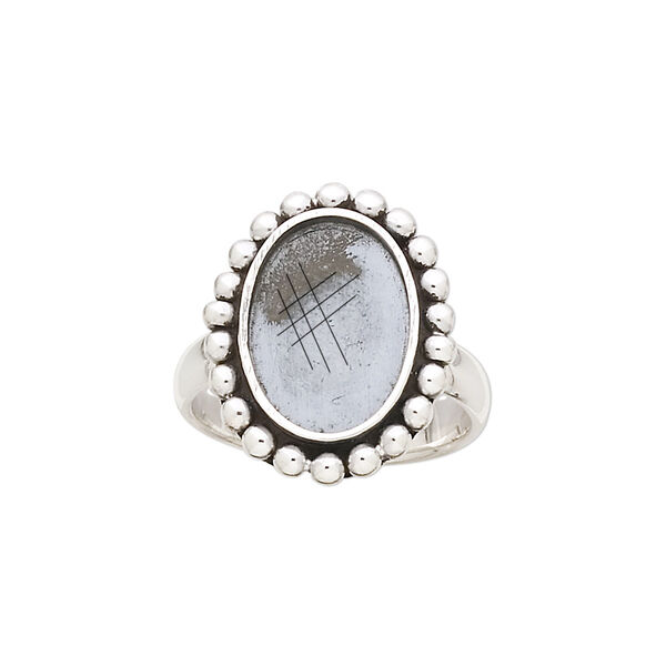 Ring, antiqued sterling silver, 3.5mm wide with beaded rim and 14x10mm oval glue-in setting, size 7. Sold individually. image number 0