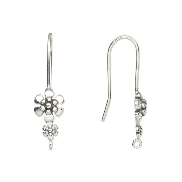 Ear wire fishhook 1pkg2 sterling silver, 29mm / 7mm flower / 4mm flower / open loop, 20 gauge antiqued 1 pair image number 0