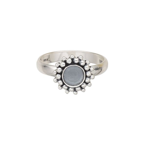 Ring, antiqued sterling silver, 3.5mm wide with beaded rim and 6mm round glue-in setting, size 9. Sold individually. image number 0