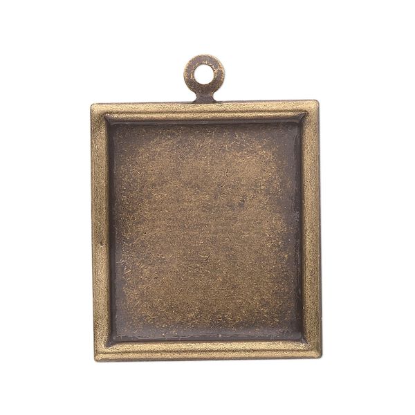 Drop, antiqued brass, 28x25mm rectangle with 23x20mm rectangle cabochon setting. Sold per pkg of 4. image number 0