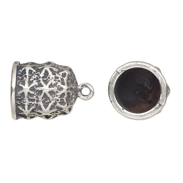 Cord end, JBB Findings, glue-in, antique silver-plated pewter (tin-based alloy), 15.5x14mm bell with star design, 10mm inside diameter. Sold individually. image number 0