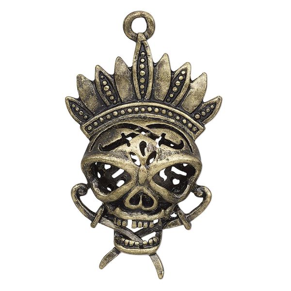 Focal, antique brass-plated "pewter" (zinc-based alloy), 45x29mm 3D skull. Sold individually. image number 0