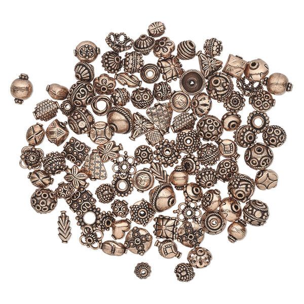 Bead and bead cap, antiqued copper, 12x6mm-17x17mm assorted sizes in 50 styles, 2 of each style. Sold per pkg of 100. image number 1