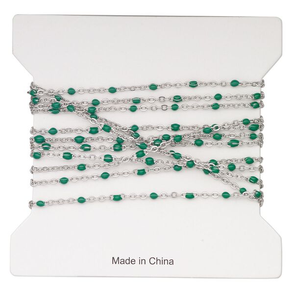 Chain, stainless steel and enamel, green, 1.7mm flat cable with 2mm ball. Sold per pkg of 5 feet. image number 0