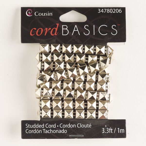 Cord, acrylic, gold, 6mm flat with square studs. Sold per pkg of 1 meter. image number 0