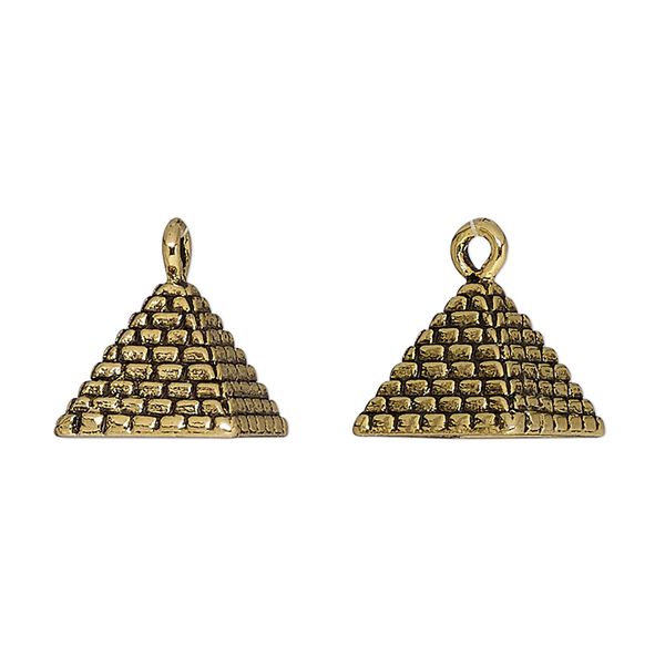 Charm, antique gold-plated pewter (tin-based alloy), 12.5x10mm 3D pyramid. Sold per pkg of 2. image number 0