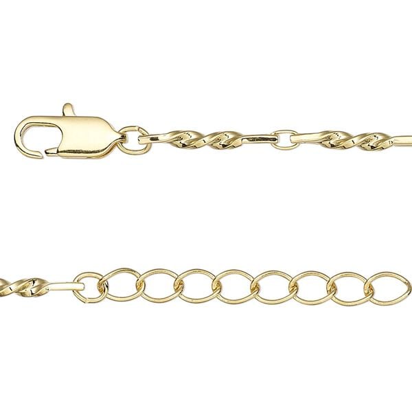 Chain, gold-finished brass, 2mm oval and twisted flat rectangle, 16 inches with 1-1/4 inch extender chain and lobster claw clasp. Sold individually. image number 0