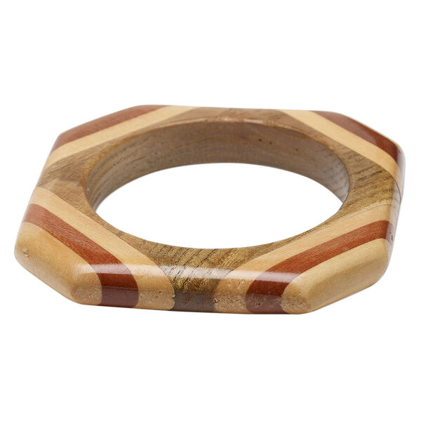 Bracelet, bangle, Everyday Jewelry, maple wood (assembled), brown, 14mm wide with inlaid design, 8-inch square. Sold Individually. image number 0