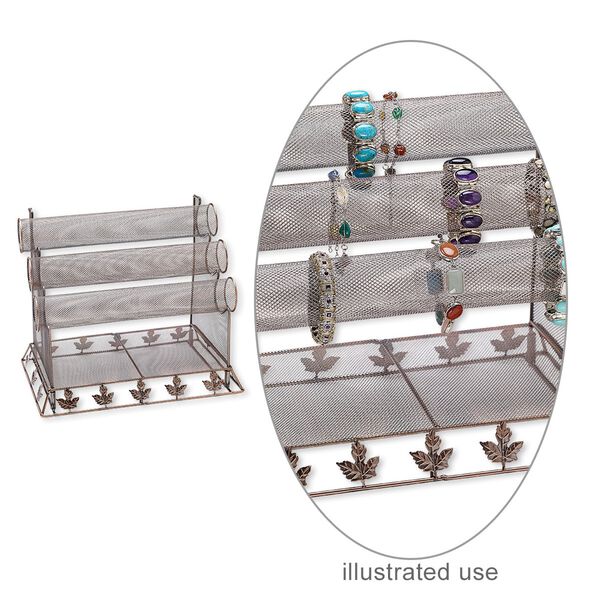 Display, bracelet, antiqued copper-finished steel, 3-tier, 10-1/2 x 12-1/2 x 8-3/4 inches with mesh and leaves. Sold individually. image number 0