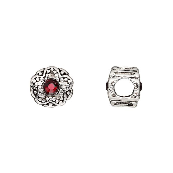 Bead, Dione®, antique silver-plated pewter (tin-based alloy) and crystal rhinestone, garnet red, 11mm double-sided round with star design. Sold individually. image number 0