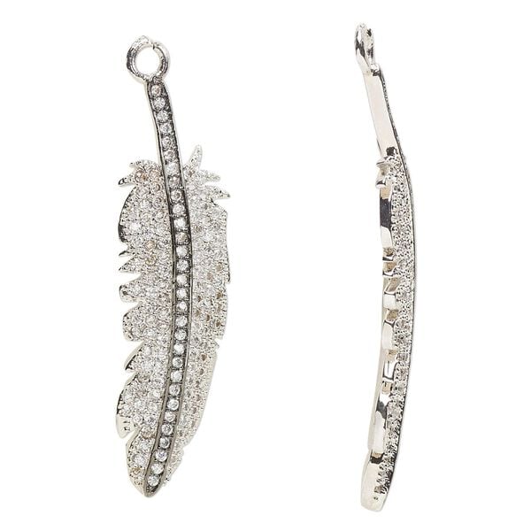 Focal, cubic zirconia / silver- / black-finished brass, clear, 45x13mm single-sided feather. Sold individually. image number 0
