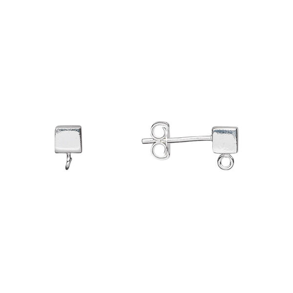 Earstud, sterling silver, 4mm cube with open loop. Sold per pair. image number 0