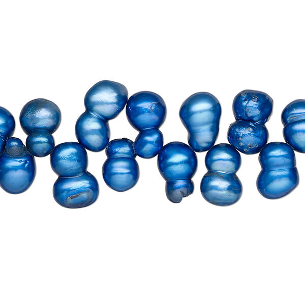Pearl, cultured freshwater (dyed), blue, 9x5mm-10x6mm top-drilled baroque, C- grade, Mohs hardness 2-1/2 to 4. Sold per 15-inch strand. image number 0