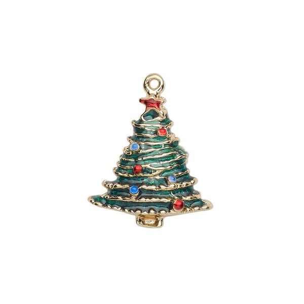 Charm, gold-finished "pewter" (zinc-based alloy) and enamel, green / red / blue, 20x19mm single-sided Christmas tree. Sold per pkg of 2. image number 0