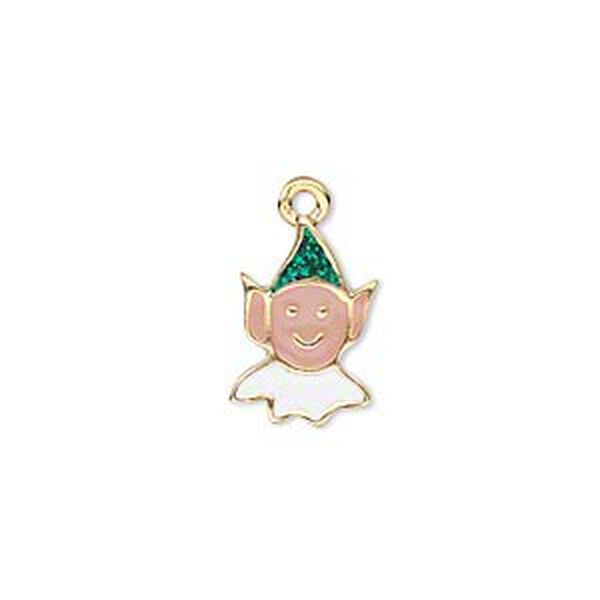 Charm, gold-finished "pewter" (zinc-based alloy) and enamel, green / white / peach, 15x10mm single-sided lucky elf face with glitter hat. Sold per pkg of 2. image number 0
